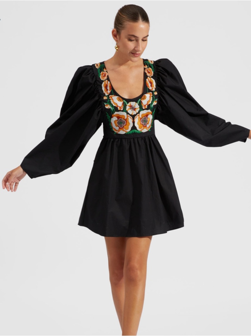 La DoubleJ Dolly Embroidered Babydoll Dress Black Popeline Cotton XS $1,100